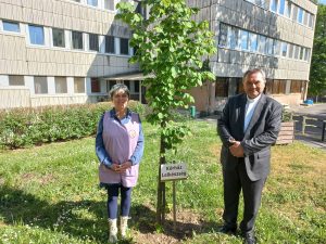 A kép középpontjában a kórházparkban, a kórházlelkészség önkéntesei által 2023-ban ültetett növendék hársfa látható, mellette jobbról a püspök, balról Vég Beáta, az önkéntesek vezetője áll, háttérben a Pszichiátriai Osztály épülettömbje látszik.